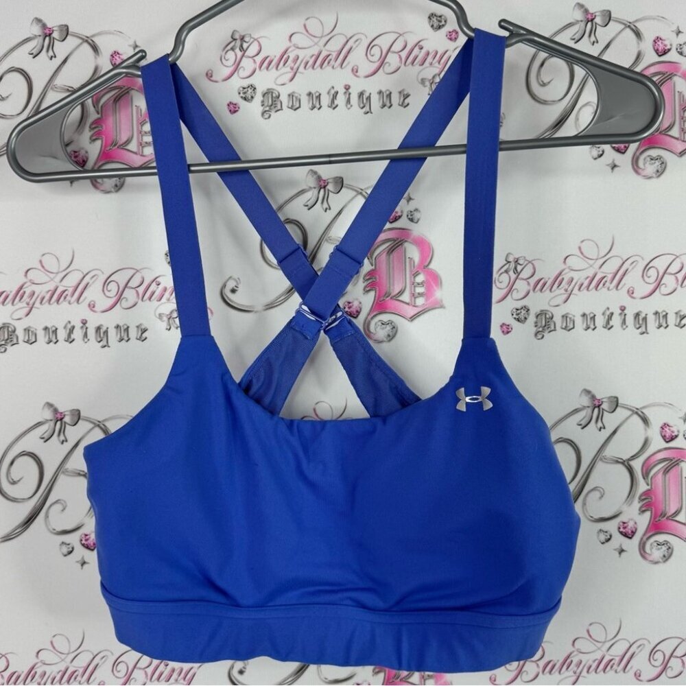 Under Armour bra sports silver logo strappy cross back Royal Blue Sports Bra